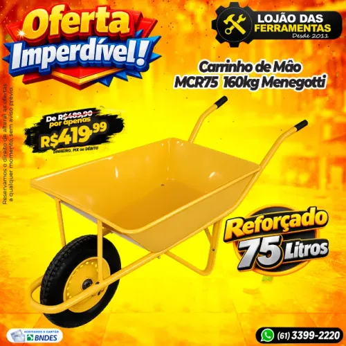 Carrinho de Mâo MCR75 75 Litros 160kg Reforçado Menegotti