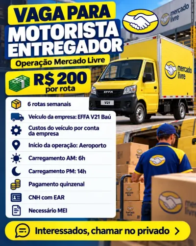 VAGA PARA MOTORISTA ENTREGADOR - OPERAÇÃO MERCADO LIVRE