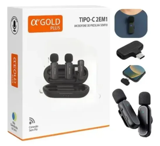 Microfone Lapela Duplo Sem Fio Profissional Tipo C Celular Preto