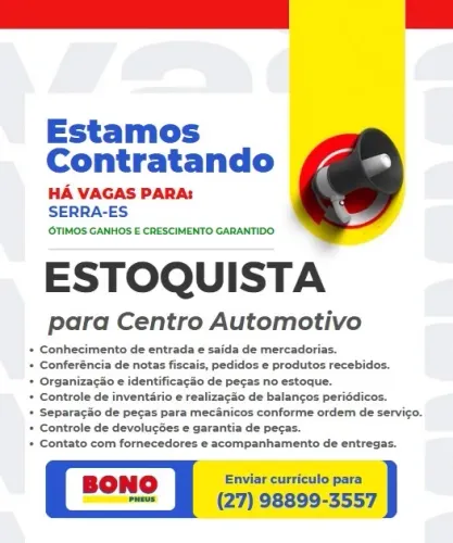 ? OPORTUNIDADE DE EMPREGO ESTOQUISTA | SERRA/ES ?