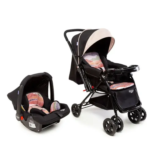 Kit carrinho de bebê e bebê conforto Cosco Preto Onda Novo
