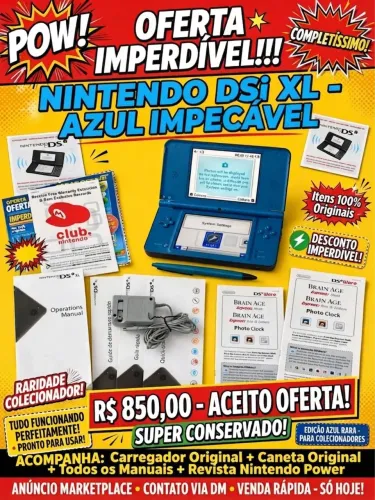Nintendo DSi XL Azul Impecável - Completo, Manuais e Colecionáveis