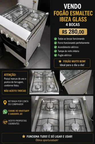 Fogão Esmaltec Ibiza Glass - Acendimento Elétrico - R$ 280