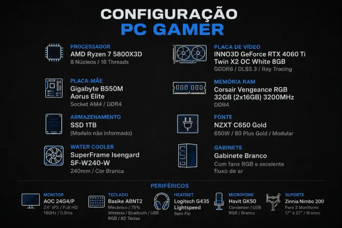 PC Gamer Completo Ryzen 7 5800X3D RTX 4060 Ti 32GB