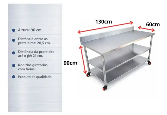 Bancada Inox 130cm X 60cm Industrial com rodinhas + espelho, 2 prateleiras