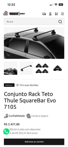 Conjunto Rack teto Thule Squarebar Evo 7105 novo