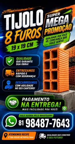 TIJOLO TIJOLOS 8 FUROS DE FÁBRICA - PAGUE NA ENTEGA( ENTREGAMOS EM TODA REGIÃO)