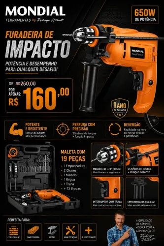 Furadeira de Impacto Mondial 650W - Completa com Maleta e Kit de Acessórios