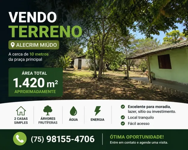 Urgente ? Terreno 1.420m² com 2 Casas em Alecrim Miúdo - R$ 175 Mil
