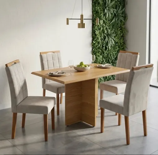 Conjunto Mesa de Jantar Vivara 120 com 4 Cadeiras Veludo Bege