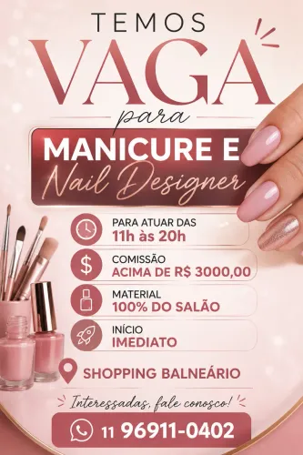 Vagas para Manicure e Nail designer