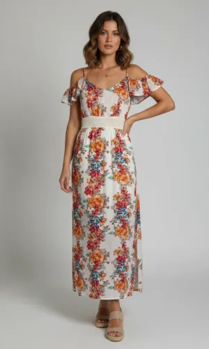 Vestido Longo Branco Off White Floral Ombro Vazado P/M