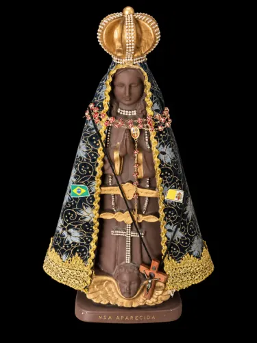 Nossa Senhora Aparecida Grande - Manto Bordado Artesanal, Coroa Trabalhada e Terço