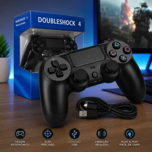 Controle Doubleshock para Ps4 Sem Fio Joystick Pc Vibração Preto