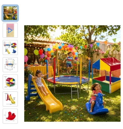 Kit de brinquedos pra alugar: pula pula, casa de bolinha, gangorra, escorregador.