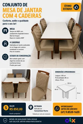Mesa de jantar com 4 cadeiras 