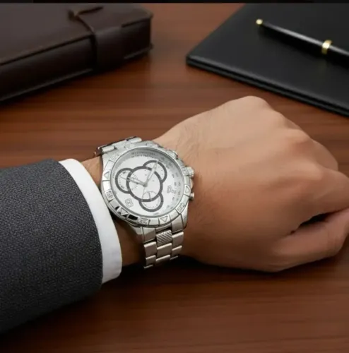 Relogio masculino Prata Grande + corrente e pulseira  Aço inox