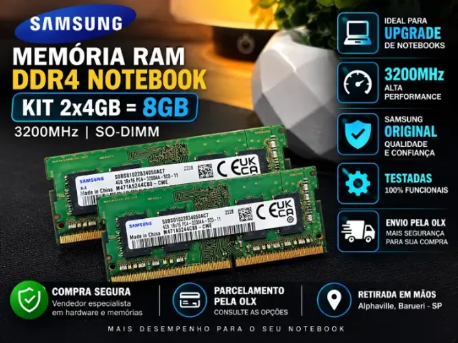 MEMÓRIA SAMSUNG 8GB (2x4GB) DDR4 3200MHz NOTEBOOK | ORIGINAL | TESTADA