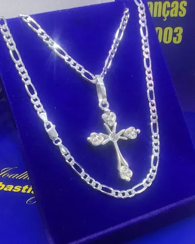 Cordão Elos 70 Cm x 4 mm Prata 925 e Pingente Cruz com Pedras Zircônia Prata 950 Com 36mm