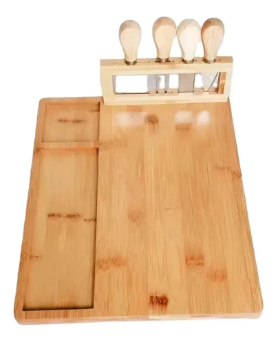 Kit Tábua De Queijos E Frios Para Servir Em Bambu Com Facas