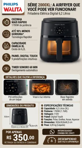 Fritadeira Elétrica Airfryer Digital Philips Walita 2000xl 1700w 6,2 Litros Preta 110v