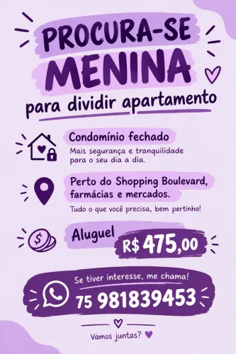 Procura-se Menina para dividir Apartamento