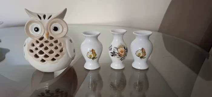 Coruja e Trio de Vasinhos de Cerâmica