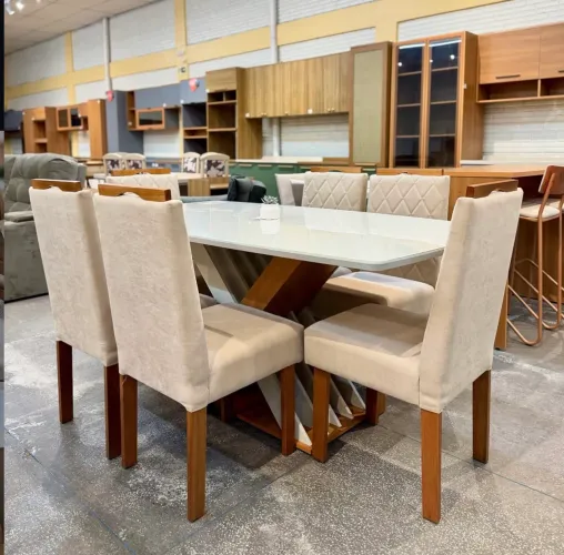 Mesa de Jantar Graviola Tampo Vidro 1.60x0,90 Com 6 Cadeiras Madeira Maciça 