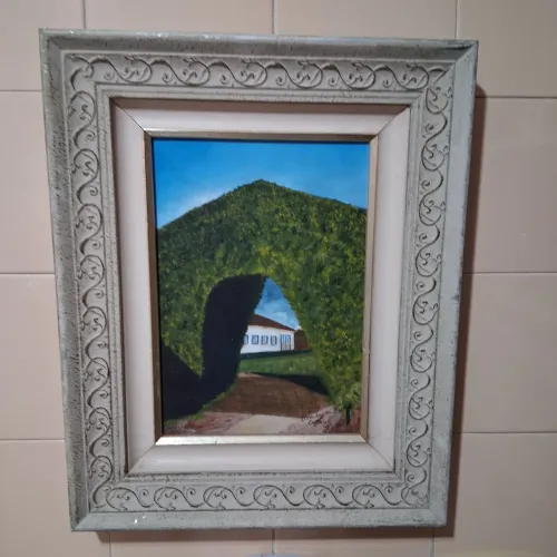 Quadro em tela, moldura  dupla, casa/ quintal. 