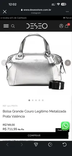 Bolsa DESEO Grande Couro Legitimo Metalizada Prata Valência