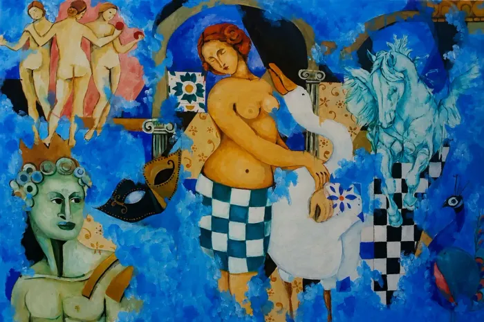 Leda e o Cisne / Pintura óleo sobre tela surrealista