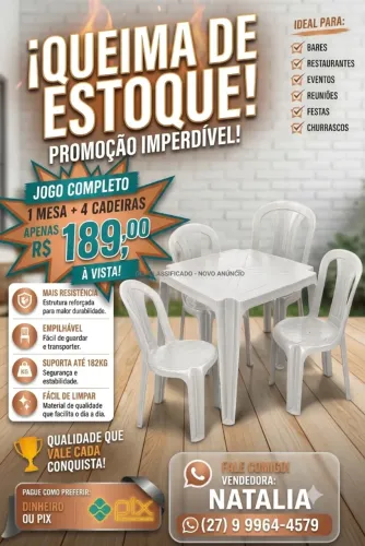 Jogo de Mesa e Cadeiras Plásticas para Bar/Festa