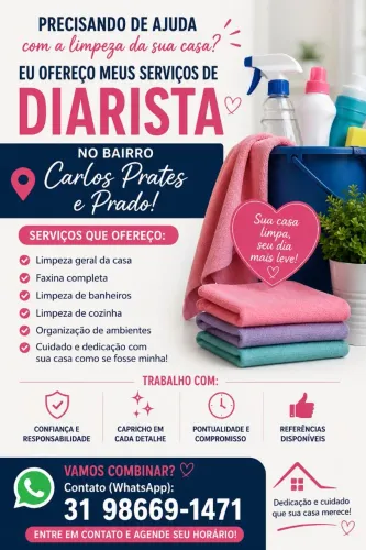Ofereço meus serviços como diarista .nao vou pra homens solteiro favor nem chamar no zap