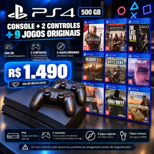 PS4 500GB + 2 Controles + 9 Jogos Originais