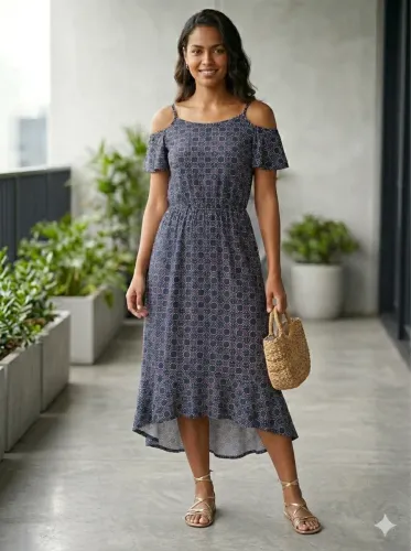 Vestido midi tam M azul estampado Marisa