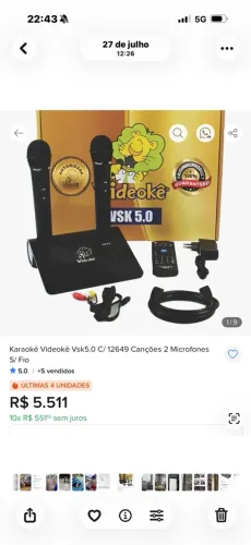 Karaokê Videokê Vsk5.0 C/ 12649 Canções 2 Microfones s fio