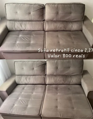 Sofá retrátil cinza 2,27. Valor: 800 reais. Retirada no Jardim das Margaridas.