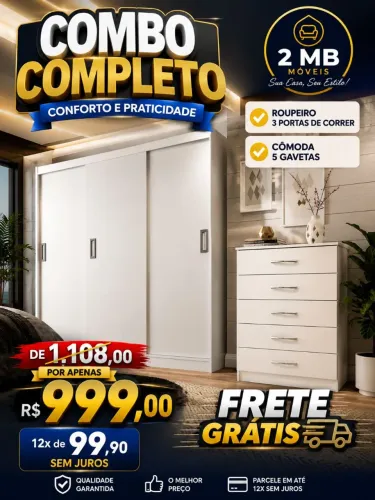 Guarda roupas 3 portas de correr com cômoda 5 gavetas PROMOÇÃO