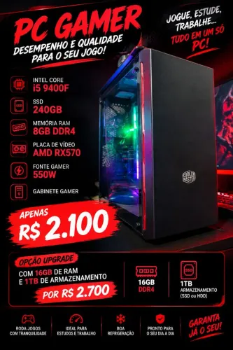 Pc gamer i5 9400f com RX 570 MSI 8gb