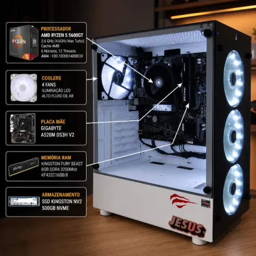 Computador Gamer AMD Ryzen 5600gt Placa integrada, 8gb ddr4, 500gb nv2, Placa A50M Gigabyt