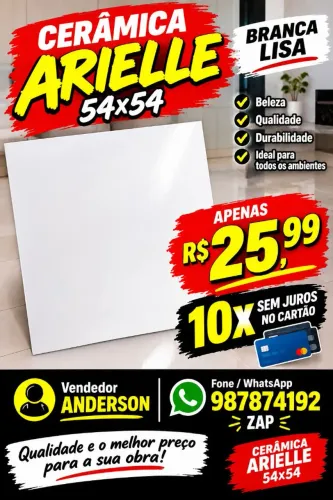 Cerâmica Arielle 54x54 branca lisa R$25,99 cartão 10x