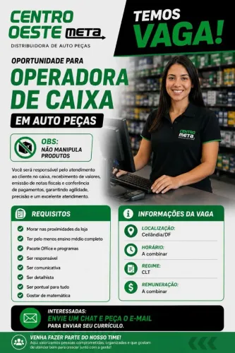 Vaga operadora de caixa em auto peças na Ceilândia