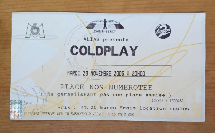 Antigo ingresso de coleção - Show Coldplay - Paris 2005