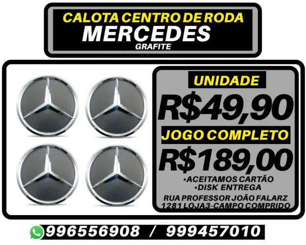 Calota centro de roda Mercedes cor grafite. R$89,90 a unidade. Disk entrega 