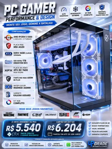 Pc Gamer Ryzen 5 5500, RX 7600, 16gb Ddr4, SSD 1tb Nvme Kingston, 600w msi