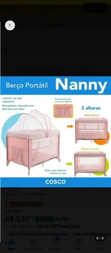Berço Portátil Cosco Kids Nanny 2 Níveis de Altura - 0 a 18kg Rosa