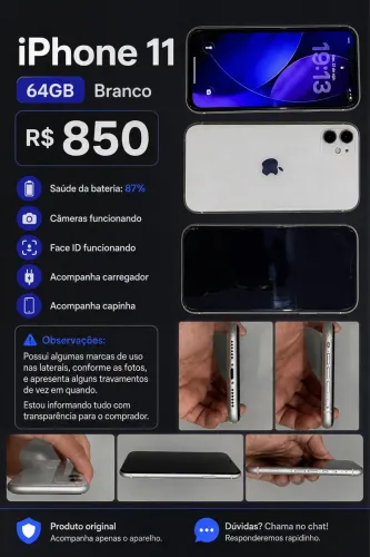 iPhone 11 64 GB BRANCO -87% BATERIA -R$850