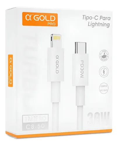 Cabo USB-C para Lightning 30W 1 Metro a'GOLD PRO CB-50 Carregamento Turbo PD para iPhone