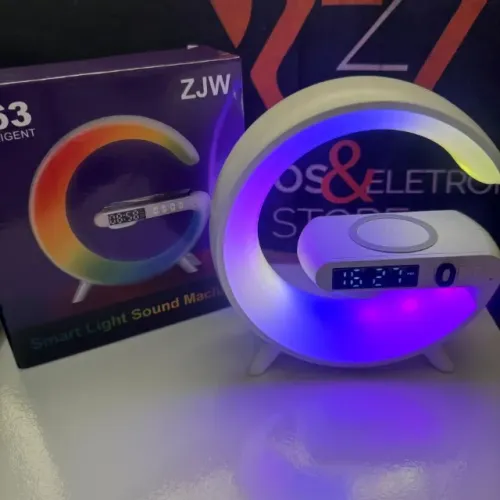 Luminária Inteligente 4 em 1 - Som Bluetooth + Carregador Sem Fio + RGB