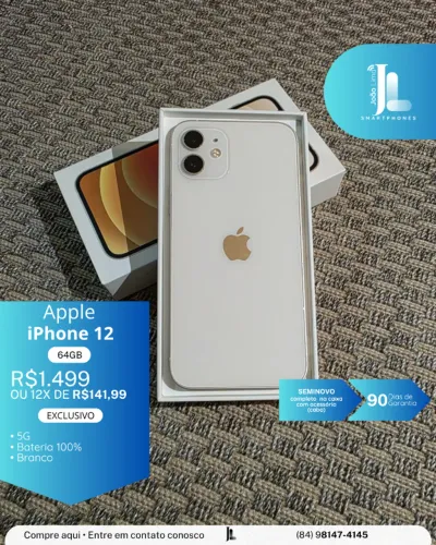 IPHONE 12, 5G, 64GB, BRANCO, SEMINOVO EXCLUSIVO!